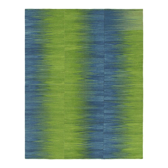 Rug & Kilim’s Contemporary Kilim in Green and Blue Stripes and Geometric Pattern For Sale