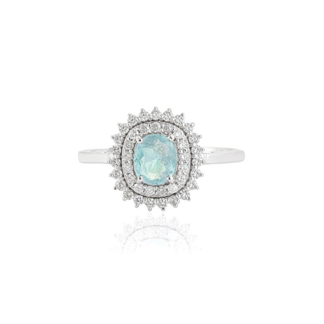 VR Jewels Natural Cushion Cut Paraiba Tourmaline Double Halo CLuster Diamond Ring Size 6 For Sale - Image 4 of 18