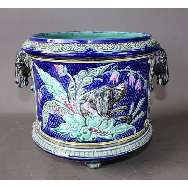 French French Majolica Barbotine Cache Pot With Horse Head Handles For Sale - Image 3 of 6