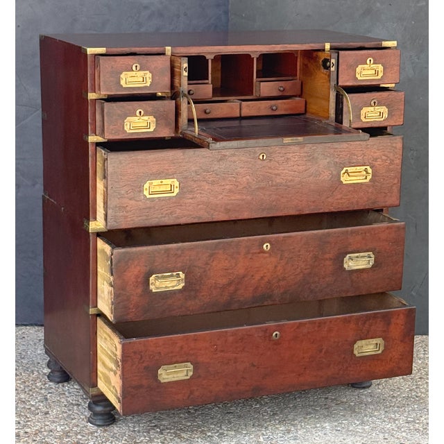 Wood British Military Officer's Campaign Secretary Chest of Brass-Bound Mulberry Wood For Sale - Image 7 of 14