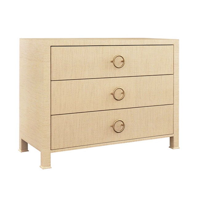 Contemporary Matthew Izzo Home Getty Natural Grass Cloth Three Drawer Chest With Antique Brass Circle Drawer Pulls For Sale - Image 3 of 7