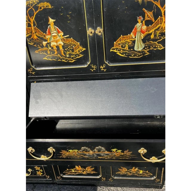 Black 1970s Jasper Cabinet Co. Chinoiserie Black Lacquer Hand Painted Drop Down Mirror Back Bar and Desk For Sale - Image 8 of 12