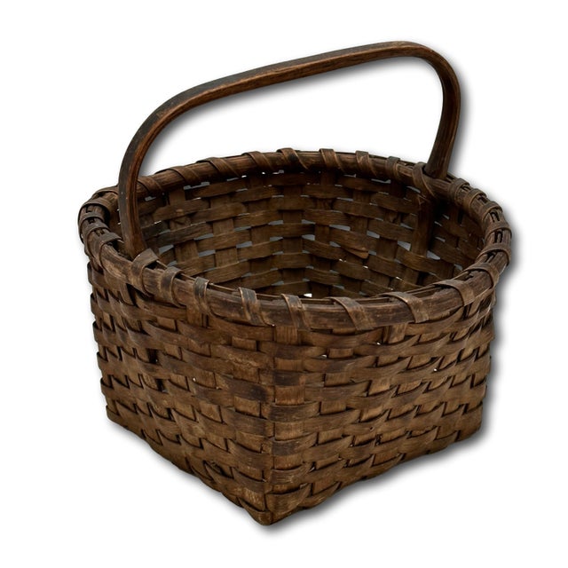 Excellent Small Size Antique New England American Hand Woven Ash Wood Splint Berry Gathering Basket For Sale - Image 13 of 18