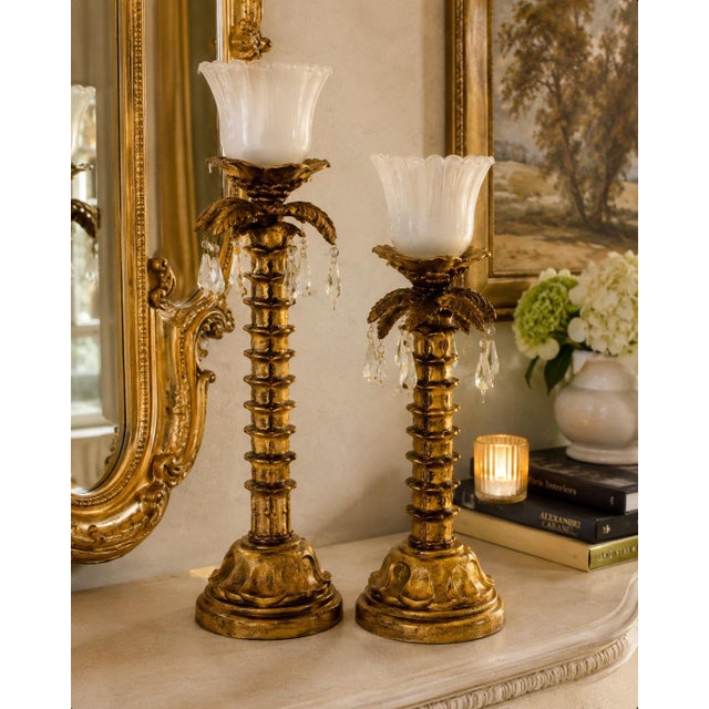 Late 20th Century Vintage Gold Palm Tree Candle Holders With Crystal Prisms – Pair For Sale - Image 5 of 5