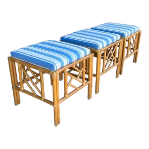 1970s Chinese Chippendale Style Rattan / Bamboo Ottomans / Tables in Blue and White -S/3