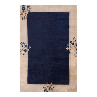 1920s Navy Open Field Floral Deco Antique Chinese Peking Room Size Rug For Sale