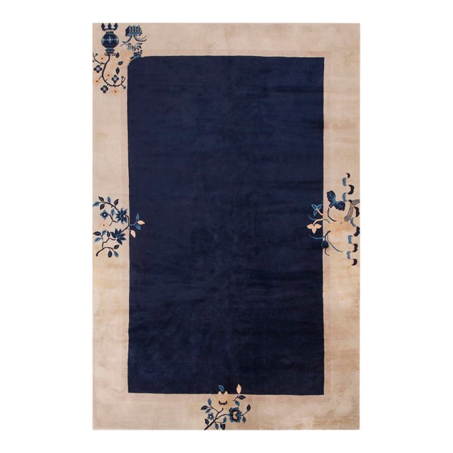 1920s Navy Open Field Floral Deco Antique Chinese Peking Room Size Rug For Sale
