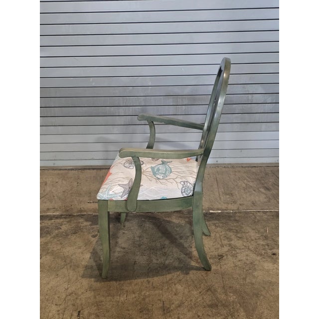 Wood Ethan Allen Open Arm Chair Green Painted Wood Ocean Print Fabric Fish & Starfish For Sale - Image 7 of 8