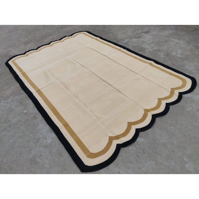 Handmade Cotton Scalloped Rug, Light Yellow with Tan and Black Border - 9'x12' For Sale - Image 10 of 10