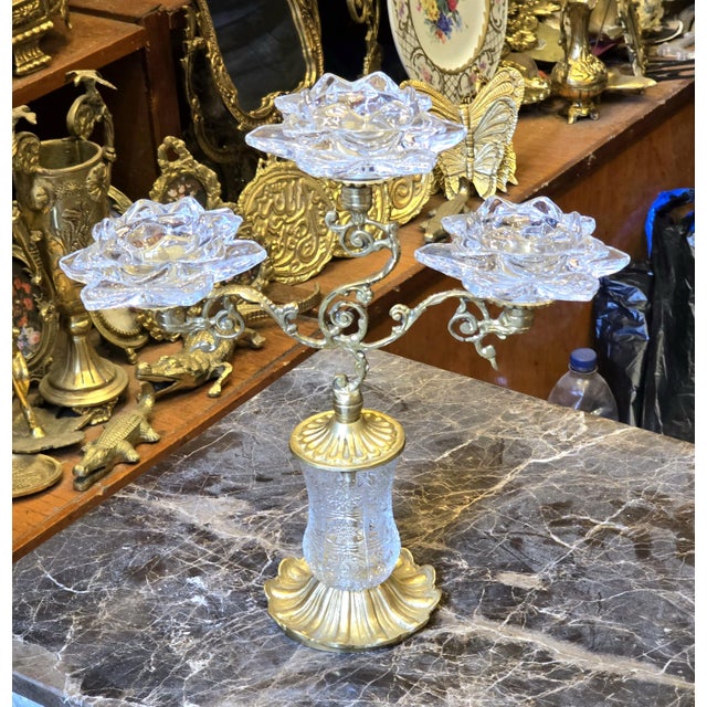 Ornate Brass & Crystal Three-Candle Decorative Holder for Table Decor Italian Style For Sale - Image 4 of 5