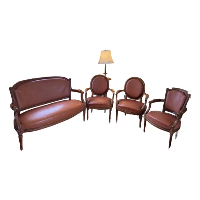 4-Piece French Louis XVI–Style Leather Seating Set — Settee & 3 Armchairs For Sale