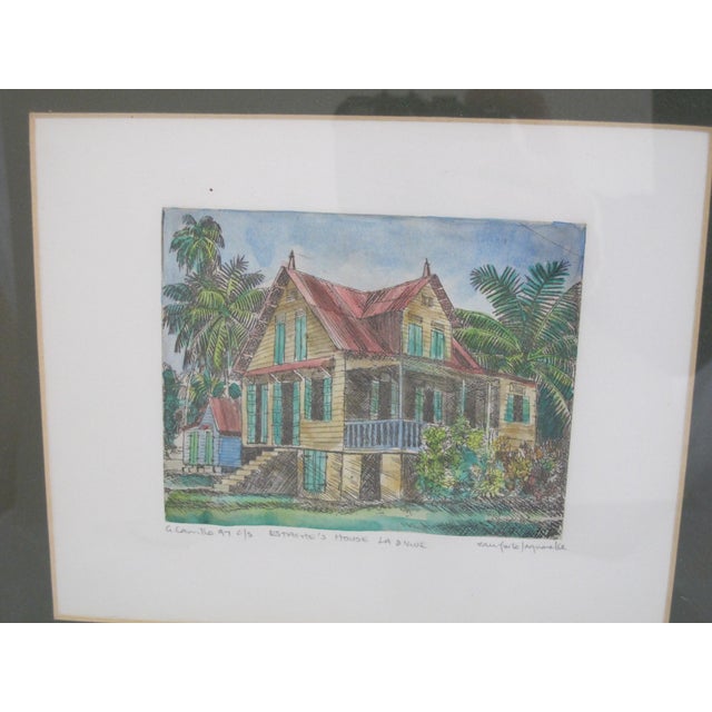G. Camille, small water color painting, "Estache's House La Digue", depicting a traditional Creole house in Seychelles....