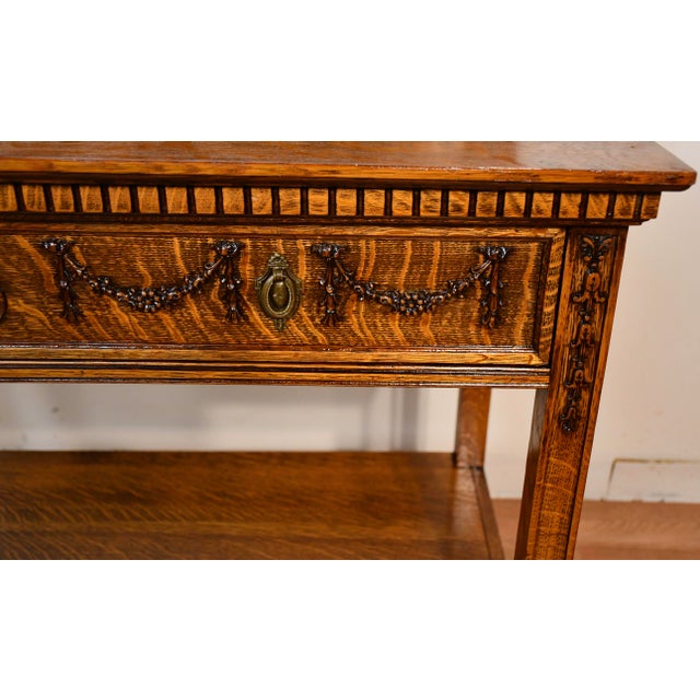 1900 Antique English Renaissance Revival Tiger Oak Carved Server / Buffet For Sale - Image 6 of 17