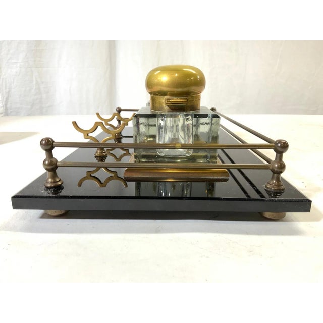 Traditional Antique Crystal and Brass Double Inkwells With Footed Base For Sale - Image 3 of 7