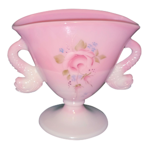 Vintage Fenton Rosalene Fan Vase With Dolphin Handles – Hand-Painted Floral – Signed by w.c. Fenton and S. Jackson.