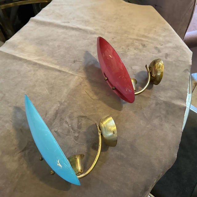 Two 1950s Mid-Century Modern Brass and Opaline Glass Italian Wall Sconces For Sale - Image 4 of 11