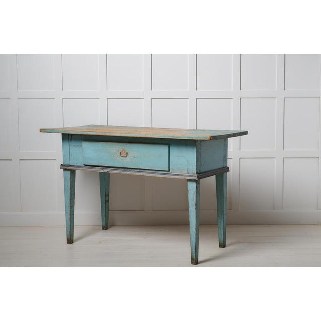 Gustavian (Swedish) Antique Classic Folk Art Gustavian Swedish Turquoise Table with a Drawer For Sale - Image 3 of 10
