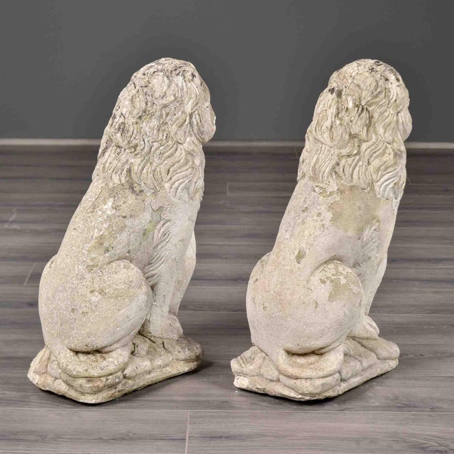 1940s Pair of Vintage French Cast Stone Seated Lion Garden Statues For Sale - Image 5 of 10