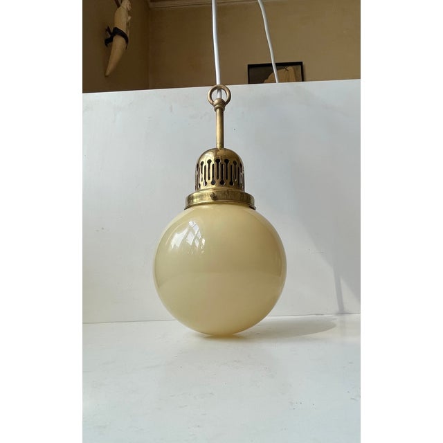 Bauhaus Yellow Opaline Glass and Brass Pendant Lamp, 1930s For Sale - Image 9 of 9