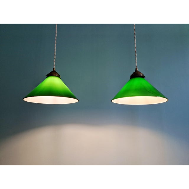 Art Deco Conical Green Opaline Glass Pendant Lights, Set of 2 For Sale - Image 4 of 14