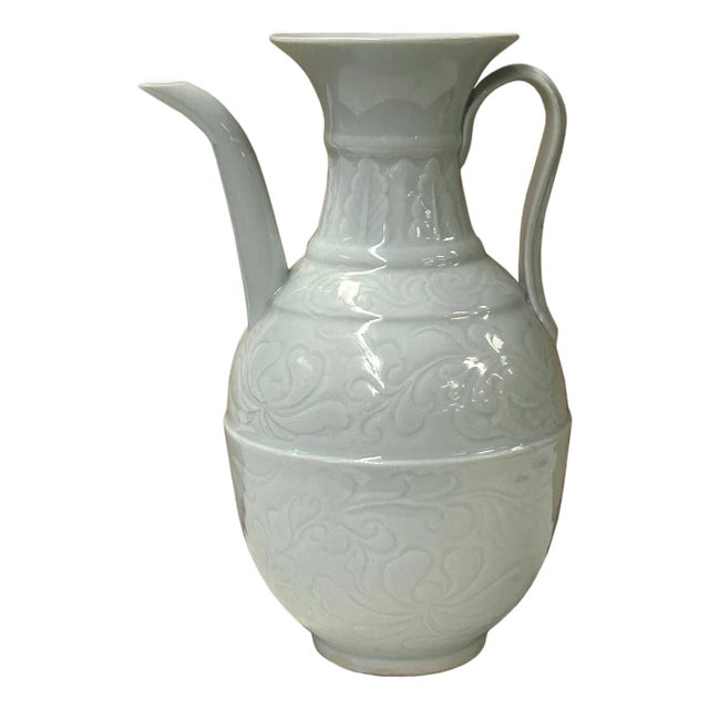 Chinese Porcelain Light Celadon White Underlay Scroll Flower Vase For Sale