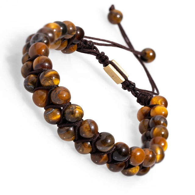 Contemporary Tiger's Eye Stone Two Row Beaded Woven Bracelet For Sale - Image 3 of 7