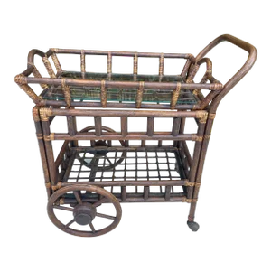 1990s Boho Chic Rattan Beverage Rolling Bar Cart With Removable Serving Tray