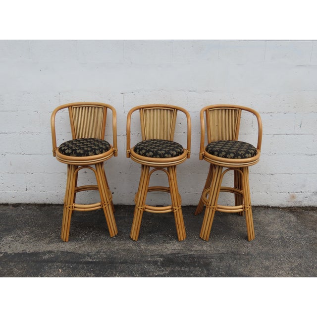Hollywood Regency Swivel Bamboo Rattan Barstools a Set of Three 6380 For Sale - Image 4 of 17