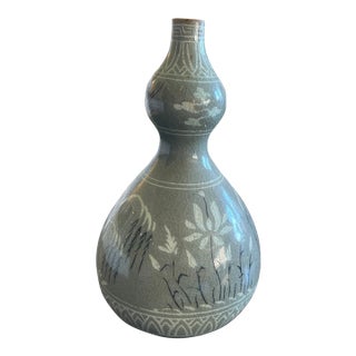 1970s Mid-Century Studio Celadon Double-Gourd Vase With Inlaid Lotus and Medieval Seal Mark For Sale