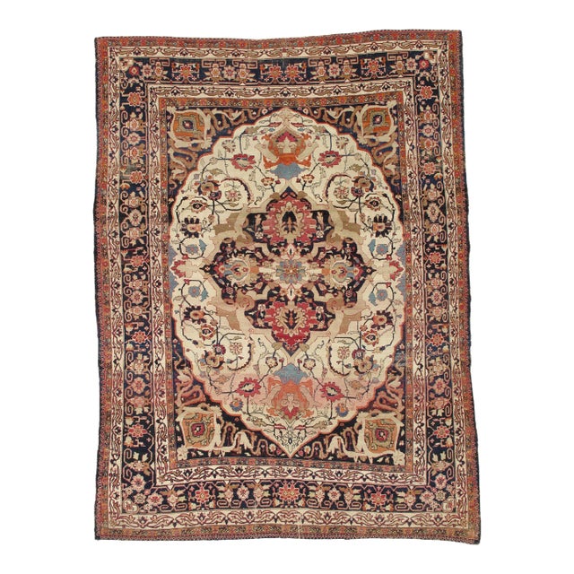 Antique Persian Lavar Kerman Oriental Carpet, Handmade, White, Navy, Jewel Tone For Sale