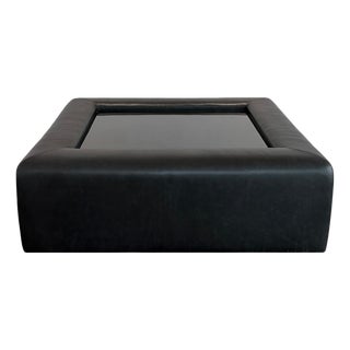 Modern Upholstered Leather Coffee Table with Black Glass Top, 2014 For Sale