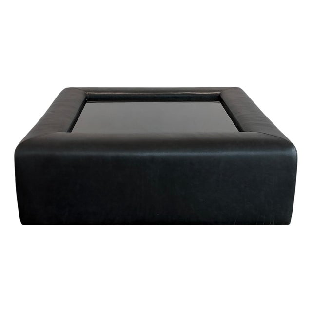 Modern Upholstered Leather Coffee Table with Black Glass Top, 2014 For Sale
