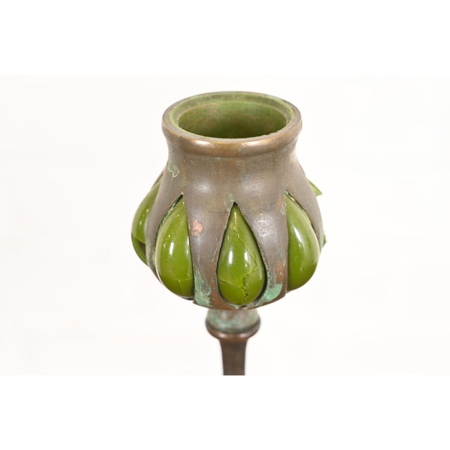 Tiffany Studios New York Bronze and Green Favrile Glass Puddle Candlesticks, Pair For Sale In South Bend - Image 6 of 12