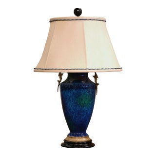 Mid-Century French Blue Glazed Ceramic and Bronze Urn Table Lamp For Sale