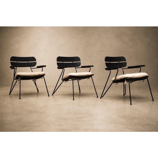 Three Armchairs in Ebonized Wood & Metal With Loose Cushion, Carlo Hauner, 1950s For Sale In New York - Image 6 of 18
