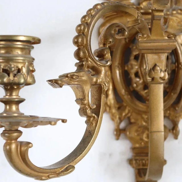 Late 19th Century Late 19th Century French Renaissance Revival Cast Brass 3-Candle Wall Sconces - A Pair For Sale - Image 5 of 6