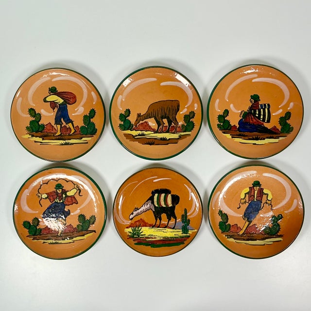 1950s Vintage Southwestern Folk Art Boho Chic Peruvian Terra Cotta Salad Plates - Set of 6. For Sale - Image 4 of 12