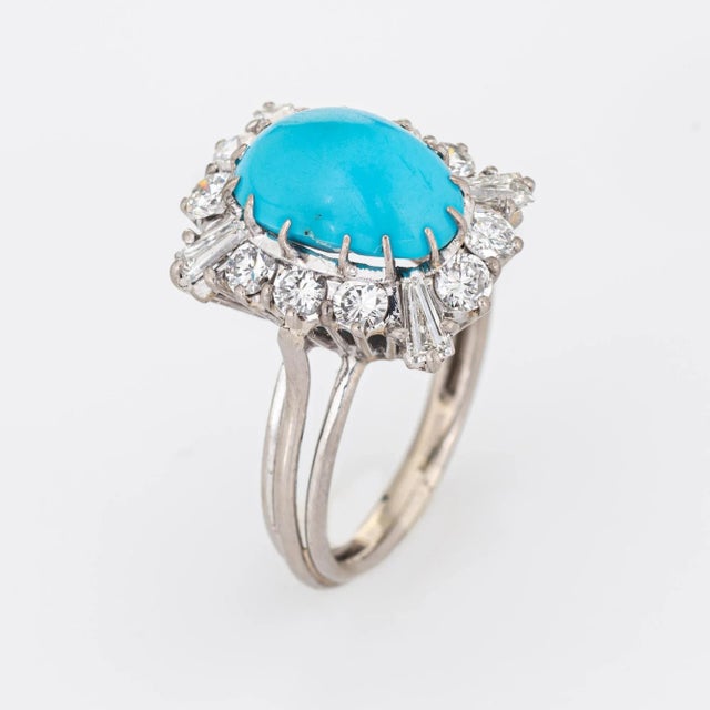 Stylish vintage turquoise & diamond cocktail ring (circa 1950s to 1960s) crafted in 18 karat white gold. Cabochon...