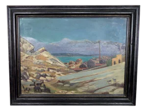 Mediterranean Coastal Town, France, 1930, Oil on Panel, Framed