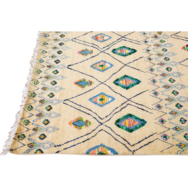 Modern Moroccan Style Handmade Beige Wool Rug With Tribal Design For Sale - Image 4 of 11