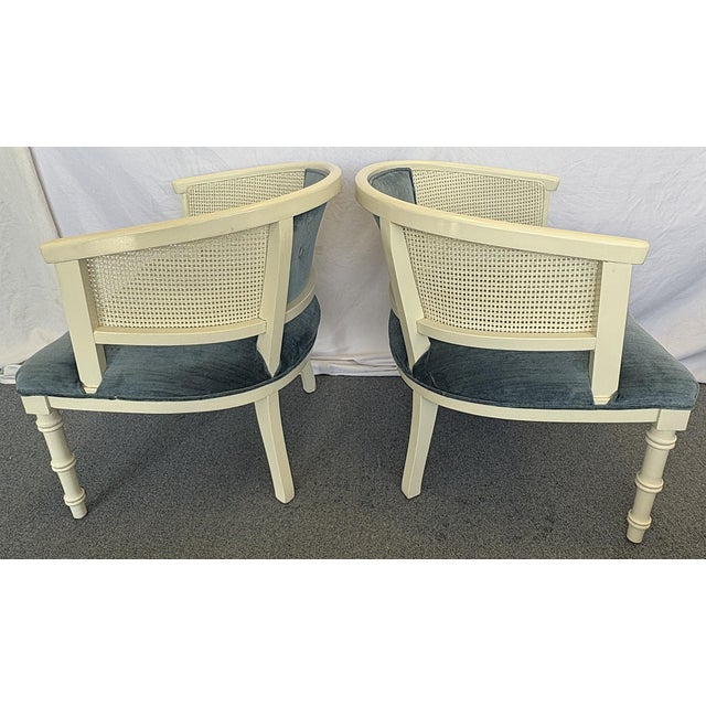 1960's Faux Bamboo and Cane Barrel Lounge Chairs With Blue Velvet Upholstery- A Pair For Sale - Image 15 of 18