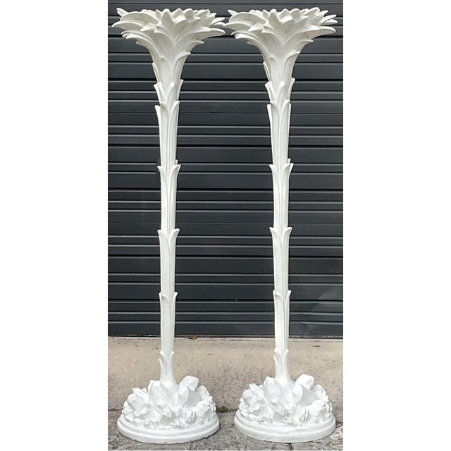 White Vintage Regency Molded Fiberglass Palm Tree Torchere Lamps After Serge Roche- A Pair For Sale - Image 8 of 12