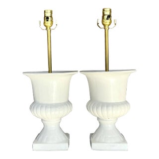 Vintage Boho Glazed Ceramic Urn Lamps - a Pair For Sale