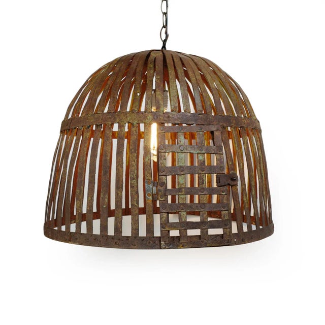 Mid 20th Century Vintage Industrial Iron Basket Cage Rustic Pendant Light For Sale - Image 5 of 7