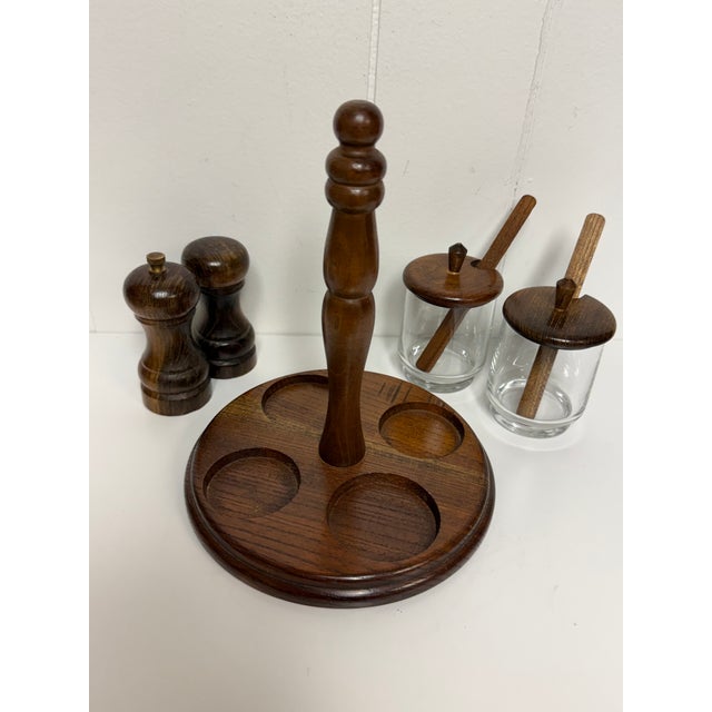 Vintage Mid-Century Wood & Glass Condiment Caddy Salt & Pepper Mill Set For Sale In Saint Louis - Image 6 of 12