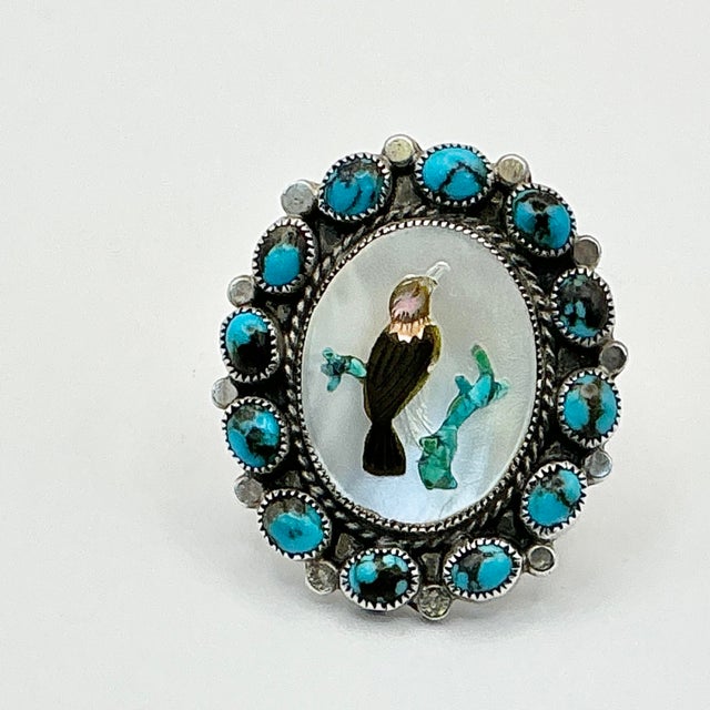 1970s 1970s Vintage Southwestern Dine Navajo Ben Touchine Sterling & Turquoise Cocktail Ring - Size 8.5 For Sale - Image 5 of 12