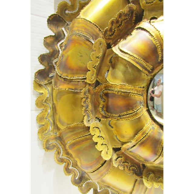 Brass MCM Brutalist Torch Cut Brass Tom Greene Style Convex Round Wall Mirror C 1970s For Sale - Image 8 of 15