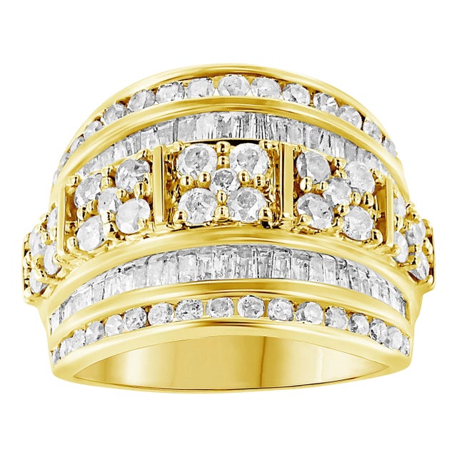 10K Yellow Gold over .925 Sterling Silver 2.0 Cttw Round & Baguette Cut Diamond Multi-Row Channel Set Tapered Cocktail Fashion Ring - Size 8 For Sale