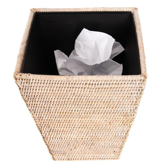White Artifacts Rattan Square Tapered Waste Basket with Metal Liner in White Wash For Sale - Image 8 of 9