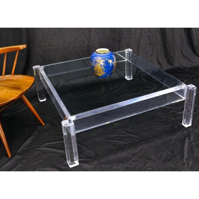 Neal Small Mid Century Modern Thick Polished Lucite Base Glass Top Square Coffee Table For Sale - Image 4 of 13
